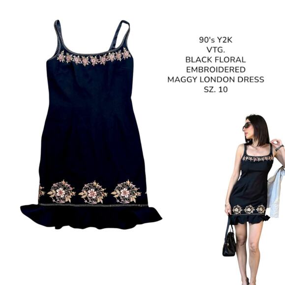 90'S VTG. MAGGY LONDON BLACK FLORAL‎ EMBROIDERED DRESS SZ. 10 - Picture 1 of 8
